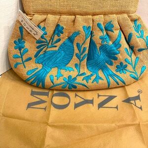 Moyna embroidered jute clutch handbag w turquoise thread NWT. Dust bag included